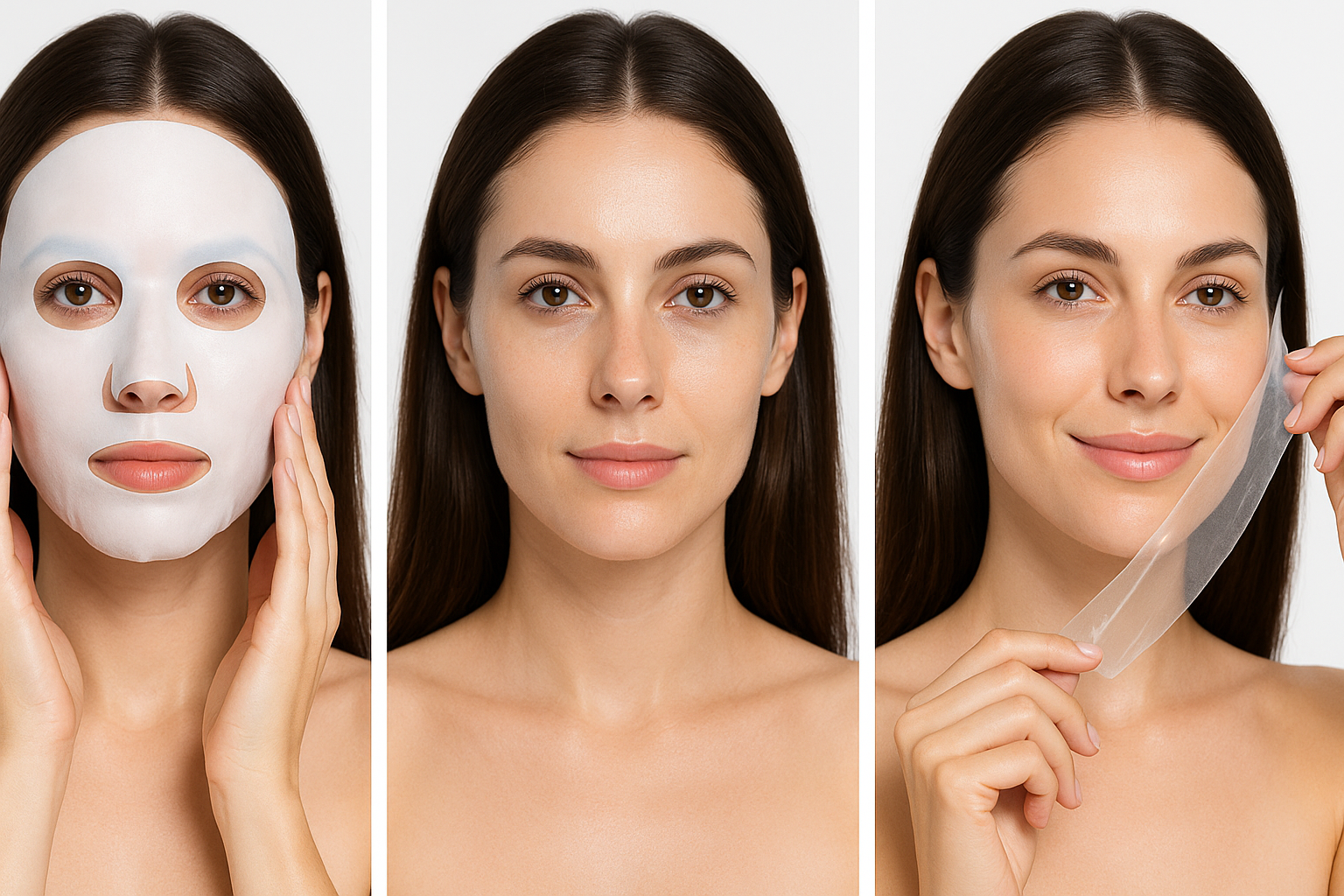 brunette with the bio-collagen real deep mask (which is a collagen sheet) on her face, then the sheet becomes transparent when all the collagen was absorbed. so i will need a before and after (a picture with the sheet white collagen on her face, and a picture when the sheet becomes transparent and a picture when she removes the sheet)