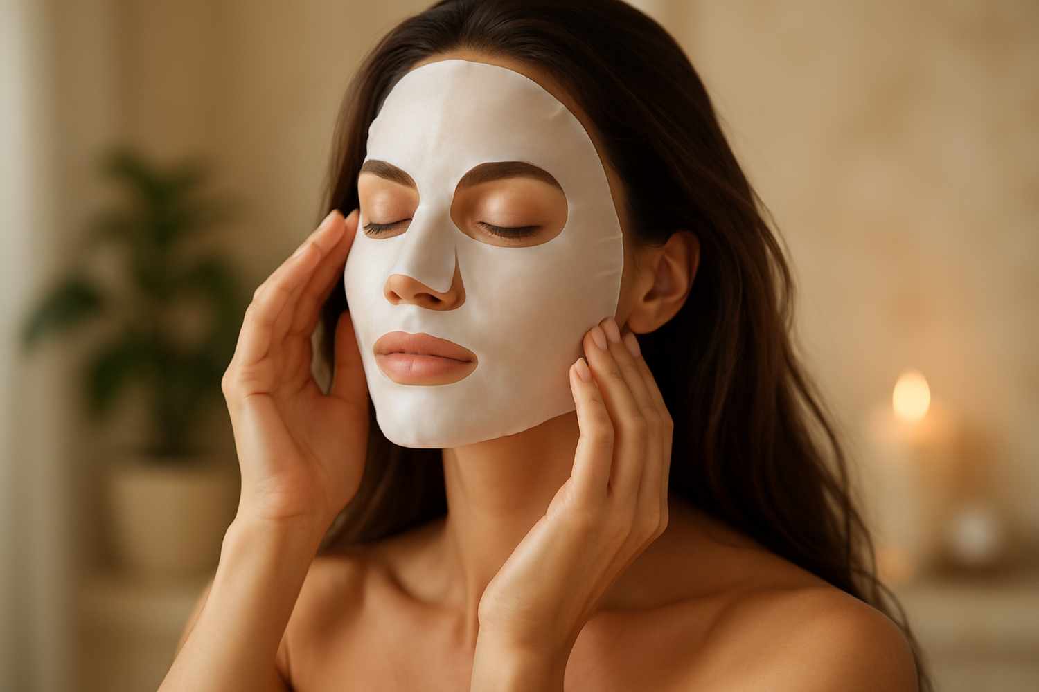 face of a beautiful brunette with a collagen mask on her face (it is a white sheet) then a diffrent picture with the same brunette removing the mask that is now transparent and we see the glow of her skin